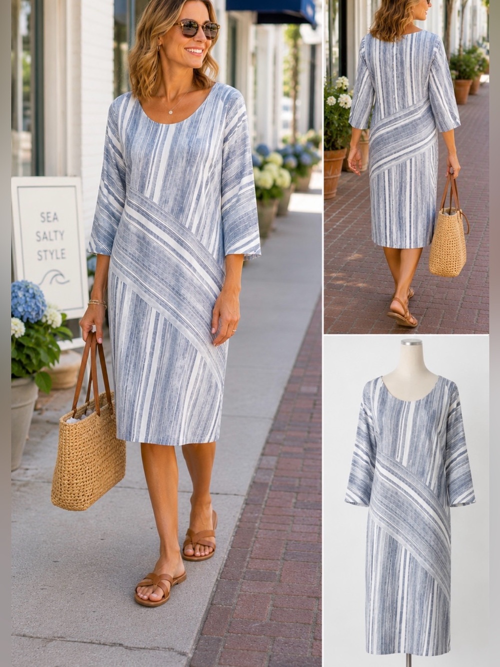 Soft Surroundings Sonya Linen Blend Dress Blue Cream Stripe Coastal Pockets ~L🧡